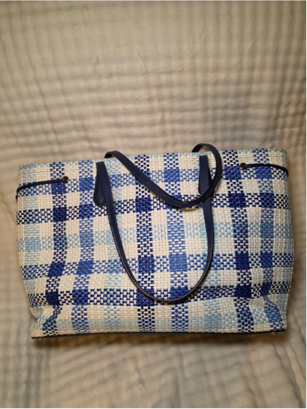 Women's Kate Spade Plaid Woven Tote Bag One Size Blue and White - Picture 3 of 9